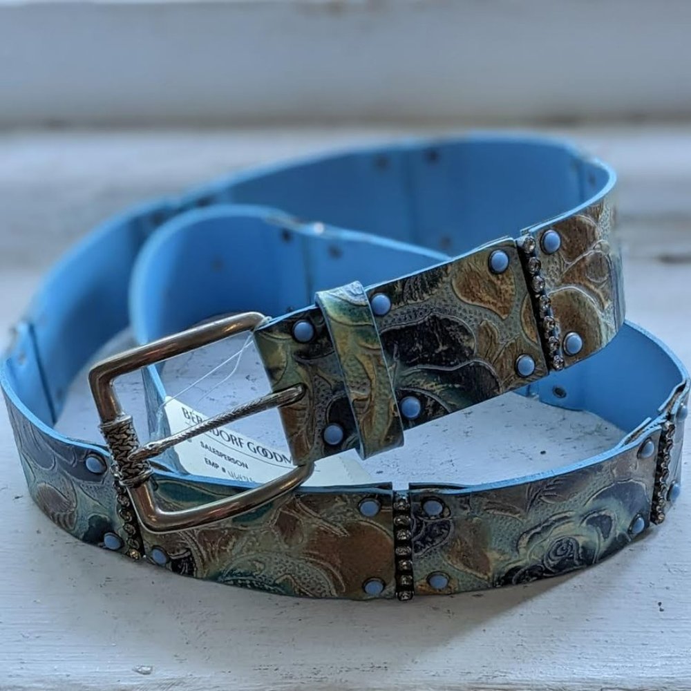 Nanni blue leather belt with Bergdorf Goodman tag